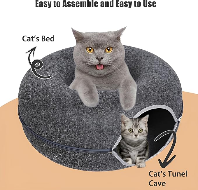 Tunnel Bed for Indoor,cattasaurus Peekaboo cat cave for Multiple,Detachable Felt Felt Washable Interior for Indoor Cats,Donut Tunnel -24inch (Light Gray + Dark Gray)