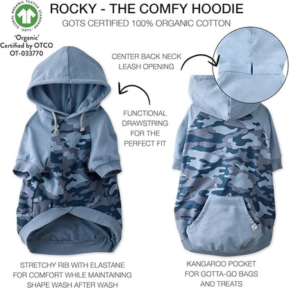 Pet Passion Rocky – The Original Lightweight Hooded Tee 100% Organic Cotton Dog Hoodie Pet Coat Sweater for All Sized Dogs, Navy Half Camo, Large (40-60 lbs)