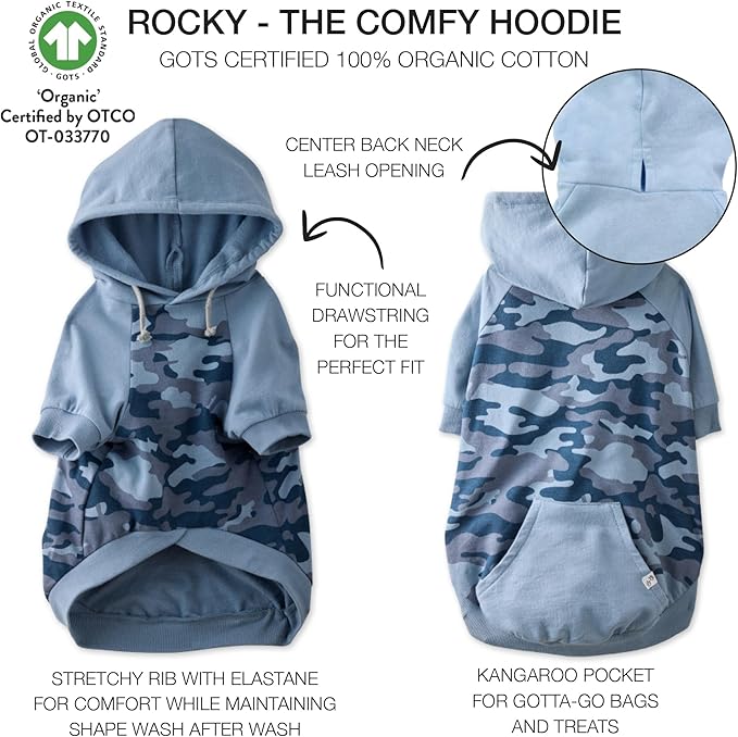 Pet Passion Rocky – The Original Lightweight Hooded Tee 100% Organic Cotton Dog Hoodie Pet Coat Sweater for All Sized Dogs, Navy Half Camo, X-Small (5-12 lbs)