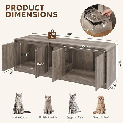 Cat Litter Box Enclosure with Litter Collector, 59'' Double Litter Box Enclosure for 2 Cats, Hidden Litter Box Furniture for Indoor Cats Large Adult, Cat House, Side Table, TV Stand, Grey
