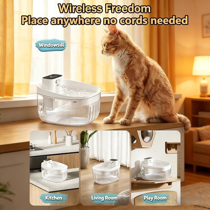 74oz/2.2L Cordless Cat Water Fountain, 5000mAh Battery Operated | 3 Smart Modes, with Motion Sensor, Ultra-Quiet, Pet Drinking Dispenser with LED Light, Wireless Fountain for Cats, Dogs