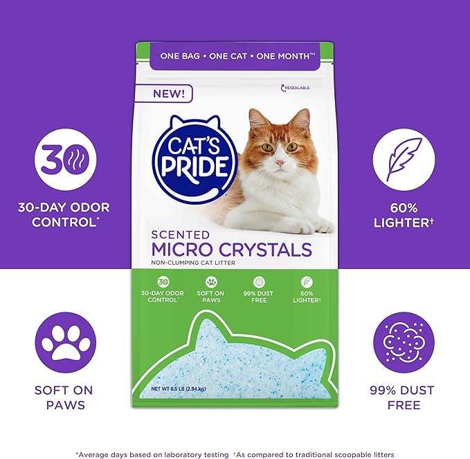 Cat’s Pride Micro Crystals Cat Litter, Non-Clumping, Scented, 30-Day Odor Control, 99% Dust Free, Lightweight, Soft on Paws, 6.5lb Bag (Pack of 2)