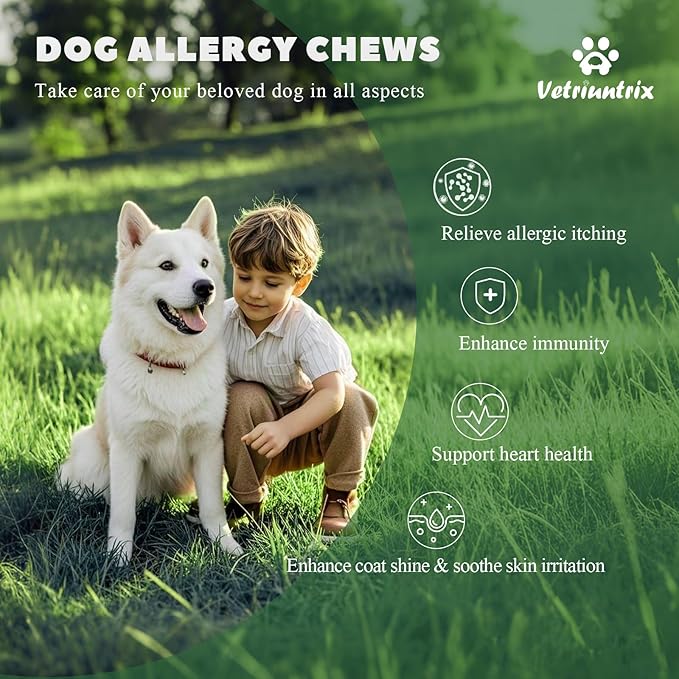 Dog Allergy Chews, Dog Allergy Relief Chews Coat Supplement for Itchy Skin Paw Licking, Probiotics for Dogs with Colostrum Omega-3 Turmeric Immune Supplement-30ct
