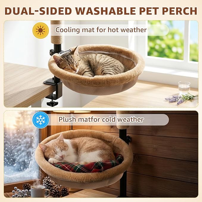 Cat Desk Bed with Scratching Post - Adjustable Height & 360° Rotation, Reversible Machine Washable Cover, Space-Saving Clamp-On Design for Office Desks, Sturdy Support for Indoor Cats