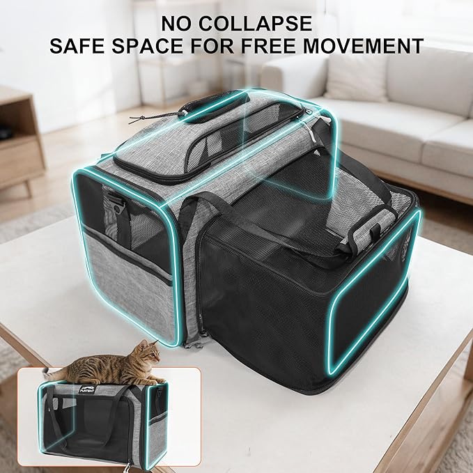 Cat Carrier, Airline Approved Dog Carrier with Top and Side Expansion, 360° Ventilation Soft-Sided Cat Carrier with Safety Leash, Foldable Travel Carrier for Small Cats and Dogs,Grey