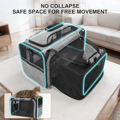 Cat Carrier, Airline Approved Dog Carrier with Top and Side Expansion, 360° Ventilation Soft-Sided Cat Carrier with Safety Leash, Foldable Travel Carrier for Small Cats and Dogs,Grey