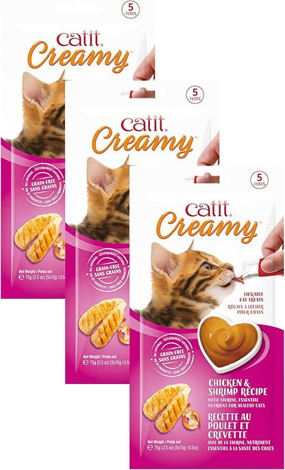 Catit Creamy Lickable Cat Treat – Hydrating and Healthy Treat for Cats of All Ages - Chicken & Shrimp, 15-Pack