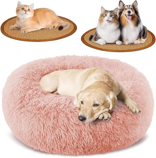 Calming Donut Dog Bed Medium Size Removable Cover + 2 PCS Cooling Rattan Pet Mat, Fluffy Comfort Anti-Anxiety Washable Round Pets Bed with Double-Sided Cool Pad for Medium Dogs/Cat, 31" Pink