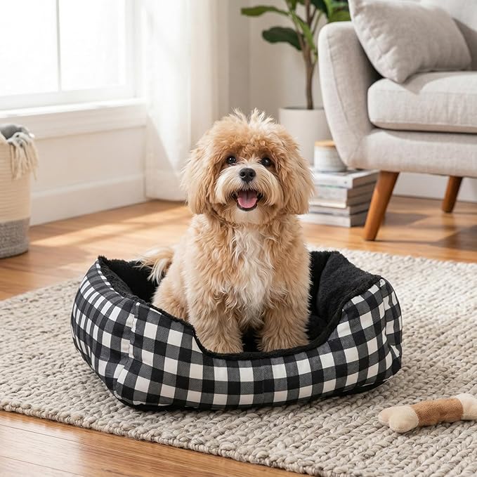Hollypet Rectangle Plush Dog Cat Bed Self-Warming Pet Bed, Black Check