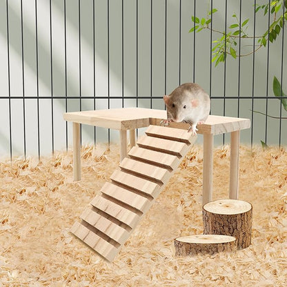 Hamster Wooden Platform with Legs Small Animal Climbing Ladder Standing Rat Guinea Perch Chew Toy Cage Accessories (Platform-Small)