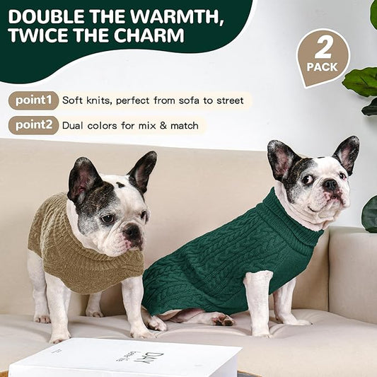 2 Pack Dog Sweaters for Medium Dogs Winter Turtleneck Pullover Cable Knit Fleece Stretch Frenchie Dachshund Pug Corgi Beagle Boy Girl Pet Clothes (L, Green & Brown)
