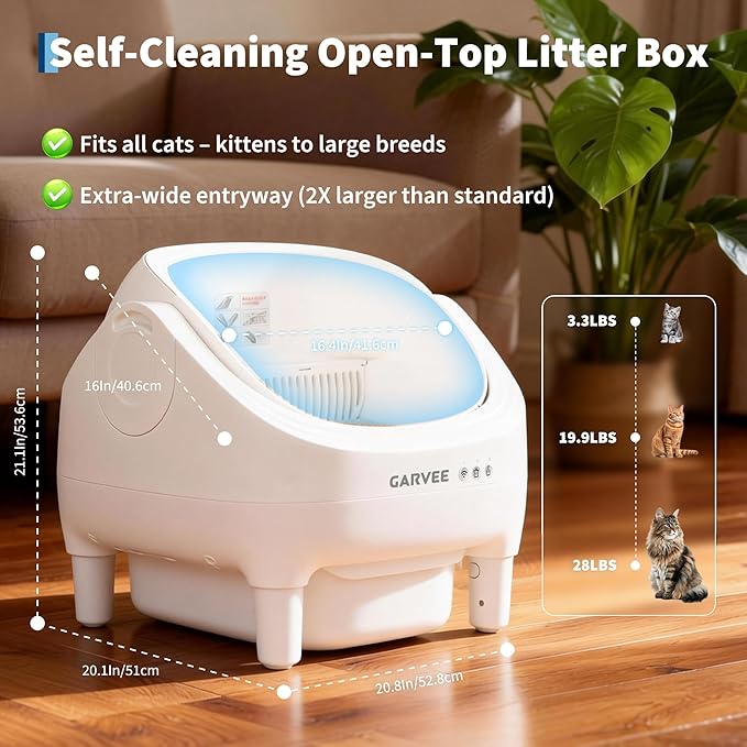 Self Cleaning Litter Box, Automatic Cat Litter Box with APP Control, Odor-Free Waste Disposal Includes Trash Bags, Large Waste Bin, Open-Top Automatic Litter Box for Multiple Cats, White
