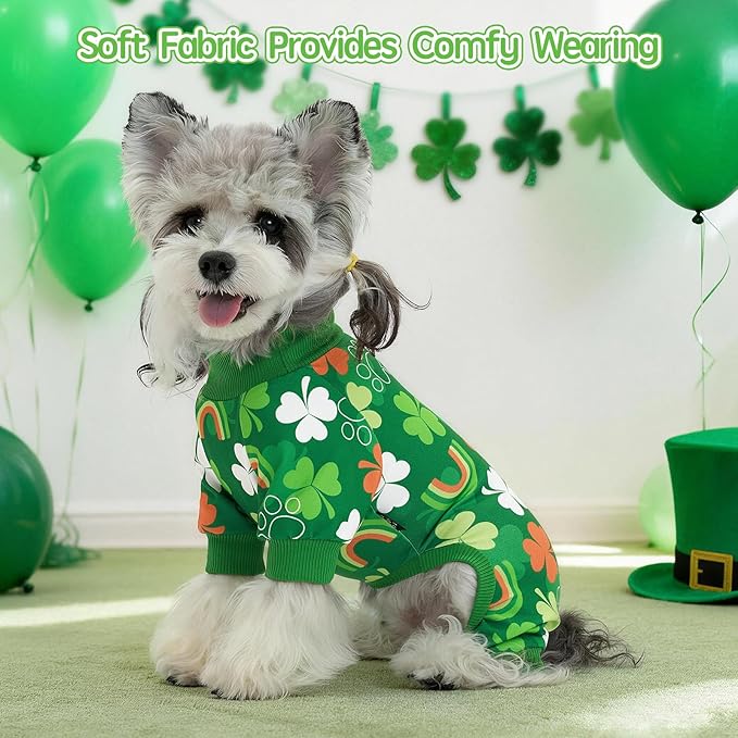 XPUDAC Dog Pajamas St. Patrick's Day Soft Dog Onesie Shamrock Puppy Clothes Comfy Stretchy Pet Outfit for Small Medium Dogs, L
