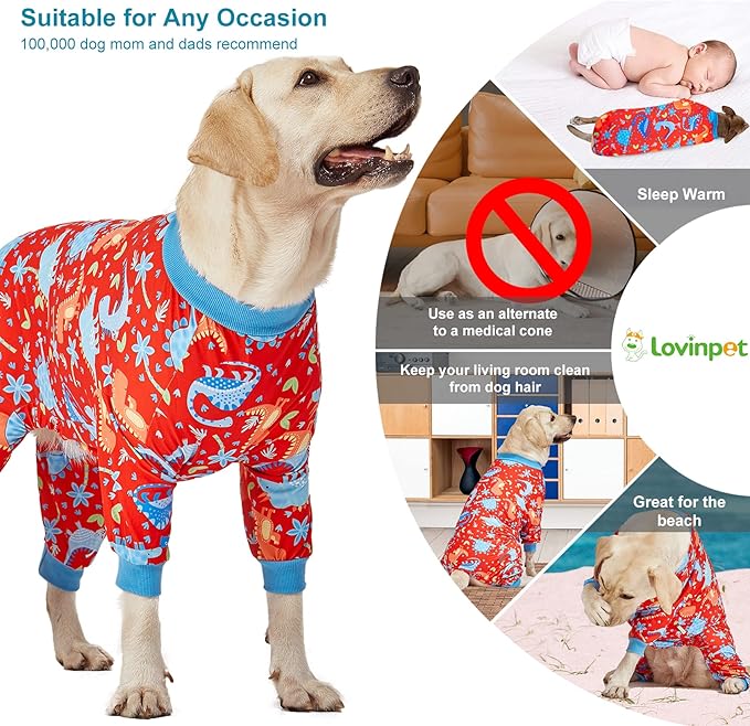 LovinPet Pitbull Dog Pajamas, Large Dog Onesies for Surgery Care, Lightweight Stretchy Knit Fabric, Dinosaur Jungle Red Print, Pet Clothes, UV Protection, Pet Anxiety Relief, PJ's for Dogs, L