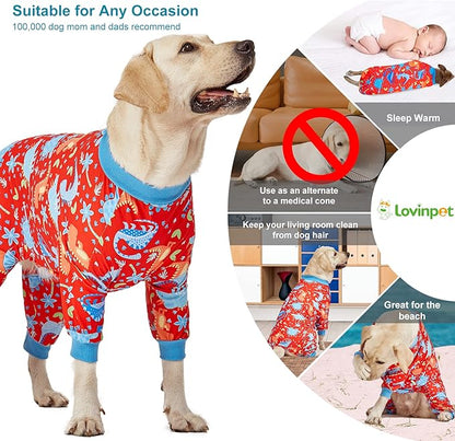 LovinPet Pitbull Dog Pajamas, Large Dog Onesies for Surgery Care, Lightweight Stretchy Knit Fabric, Dinosaur Jungle Red Print, Pet Clothes, UV Protection, Pet Anxiety Relief, PJ's for Dogs, L