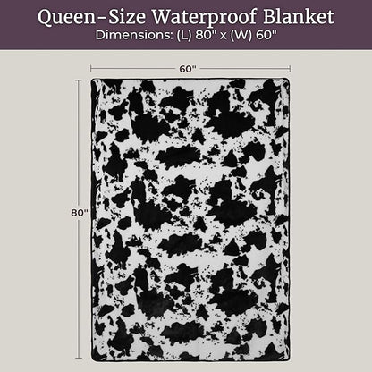 Waterproof Blanket for Bed, Couch, or Car - 60” x 80” Reversible Queen Size Throw Blanket for Reliable Leakproof Furniture Protection - Washable Pet Throws by Lavish Home (Cow Print)