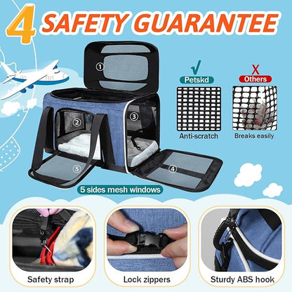 Petskd Top-Expandable Pet Carrier 17x11x9.5 Inches Alaska Airline Approved, Soft-Sided Carrier for Small Cats and Dogs with Locking Safety Zippers and Anti-Scratch Mesh(Blue)