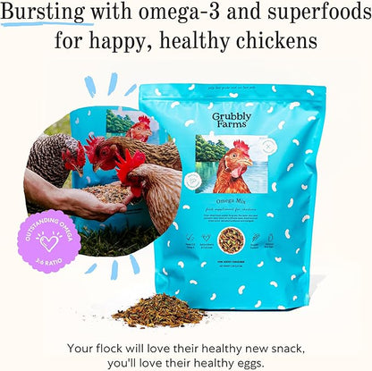 Grubbly Farms Omega Mix Chicken Treats for Laying Hens - Superfood and Omega-Rich Chicken Feed Supplement to Support Egg Production, Strong Eggshells and Nutritious Yolks - 5LB