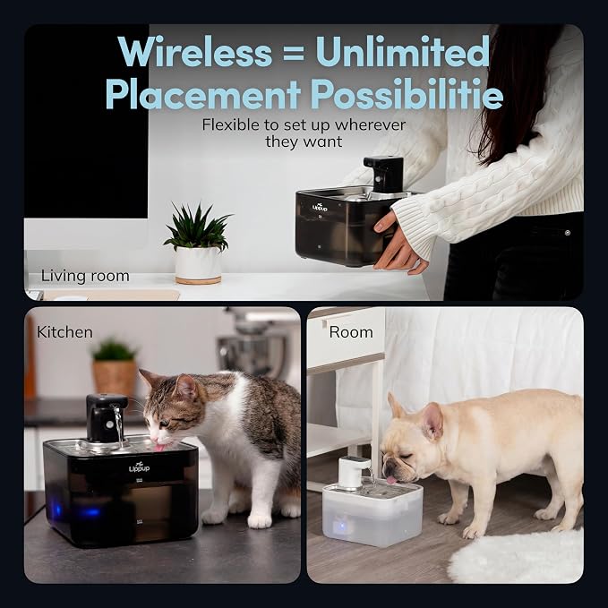 Cat Water Fountain Cordless, 88oz/2.6L Wireless Pet Water Fountains for Cats Indoor, Battery Operated Cat Drinking Fountain with Motion Sensor, Ultra Quiet Pump, BPA-Free, Black + 6 Filters