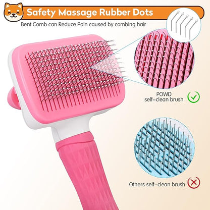 Dog & Cat Brush Kit 2PCS, Self Cleaning Slicker Brush for Pets, Dog Brush for Shedding Massaging and Grooming, Removes Loose Undercoat & Portable Comb for Long Short Haired Dogs(Pink)