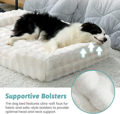 COZY KISS Orthopedic Dog Bed for Extra Large Dog 44x32 inch, XL Faux Fur Pet Sofa, Bolster Foam Bed with Sides, Non-Slip and Egg-Crate Big Dog Couch Bed with Washable Removable Cover, Beige