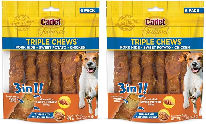 Cadet Gourmet Triple Chews Long-Lasting Pork Hide Sticks with Sweet Potato and Chicken,Healthy Dog Treats for Small & Large Dogs,6 Count (Pack of 2)