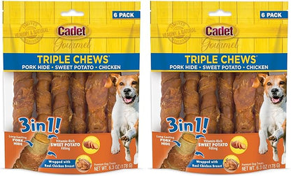 Cadet Gourmet Triple Chews Long-Lasting Pork Hide Sticks with Sweet Potato and Chicken,Healthy Dog Treats for Small & Large Dogs,6 Count (Pack of 2)