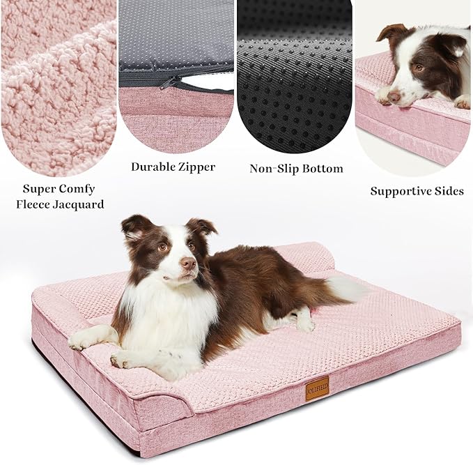 Orthopedic Dog Bed Large Sized Dog 36''X24'', Waterproof L Bolster Egg Crate Foam Pet Crate Beds with Washable Removable Cover, Non-Slip Soft Pet Couch Sleep Mat, Pink
