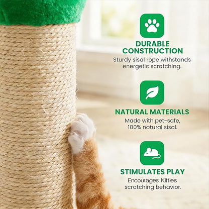 Cat Scratching Post for Small Space, 22'' Scratching Posts for Indoor Cats Adults, Extra Wide 13.4" Stable Base & Natural Sisal, Cute Cat Scratching Post with Short Plush Fabric for Indoor Cats, Green