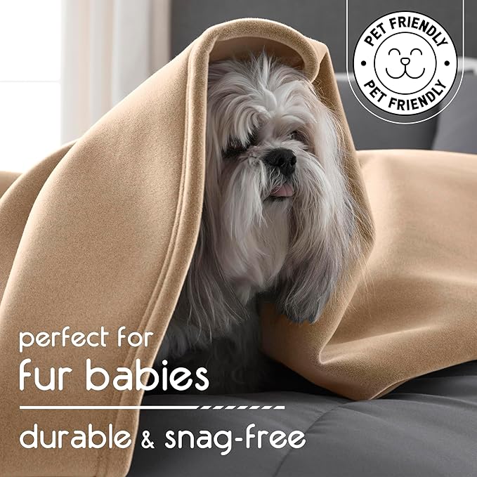 Vellux 1B07049 Original Insulating Core Hotel Style Solid Blanket Machine Washable Soft Cozy Warm Pet Friendly Bed Sofa Blankets, Twin, Beige (Pack of 2)