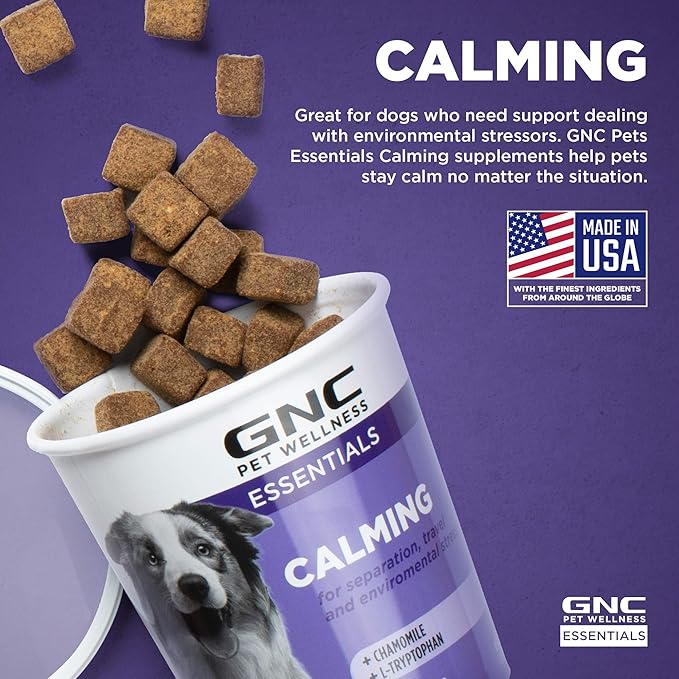 GNC Pets Essentials Calming Soft Chews for Dogs, Bacon Flavor Calming Supplement with Chamomile, Passion Flower, L-Tryptophan and Thiamine for Puppies and Adult Dogs, 60 Count - 3 Pack
