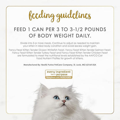 Fancy Feast Purina Tender Ocean Whitefish,Turkey,Chicken and Salmon Feasts Wet Kitten Food Variety Pack - 3 oz. Boxes,(Pack of 48)