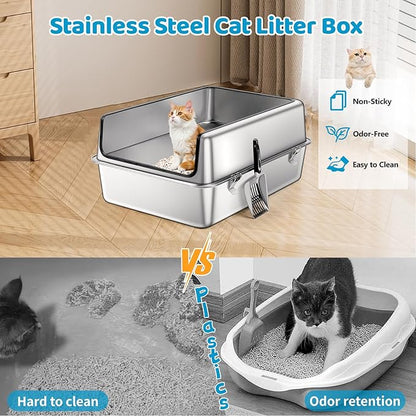 XXXL Stainless Steel Cat Litter Box, 28" L x 19.7" W x 12" H Extra Large Semi Enclosed Removable Metal Litter Tray with High Sided Enclosure, Scoop, Anti-Leakage, Non-Sticky, Easy Cleaning