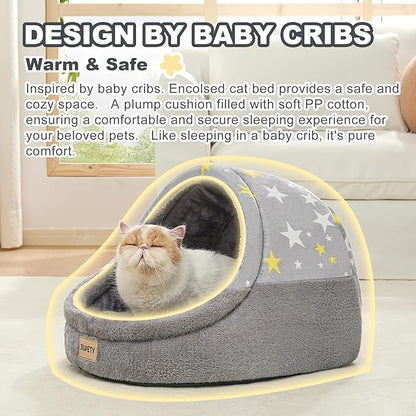 Jiupety Cute Cat Beds for Indoor Cats, Cat Cave Bed for Kittens, Large Cat Cave and Covered Cat Bed with Anti-Slip Bottom, Washable Removable Cushion, M(16"x16"x13"), Gray Star