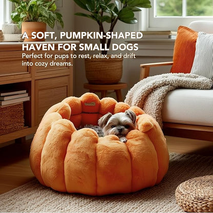 PETNOVO Pumpkin Calming Cat Bed,Plush Donut Cuddler with High Bolster,Ultra Soft Bunny Plush,Oeko‑TEX,Non-Slip Pet Nest,for Indoor Cats up to 13 lbs & Small Dogs,20Lx20Wx12H Inch,Pumpkin Yellow