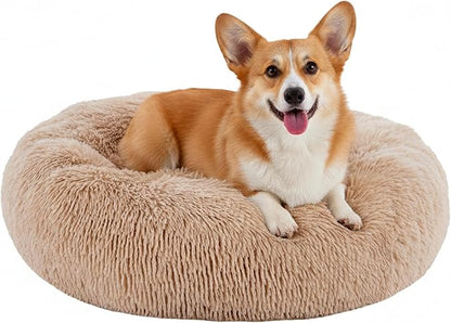 Soft Round Dog & Cat Bed, Anti-Anxiety Donut Cuddler with Anti-Slip Bottom Cozy Fluffy Pet Bed for Medium Large Dogs and Cats, 30inch, Brown