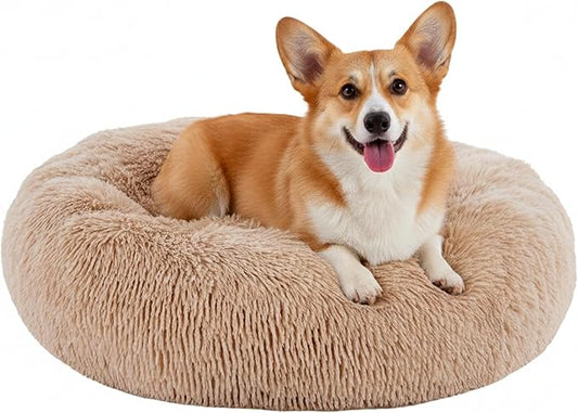 Soft Round Dog & Cat Bed, Anti-Anxiety Donut Cuddler with Anti-Slip Bottom Cozy Fluffy Pet Bed for Medium Large Dogs and Cats, 30inch, Brown