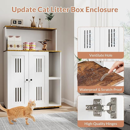 Rovibek Cat Litter Box Enclosure for 2 Cats, Litter Boxes Furniture Hidden with Storage, Cat Litter Cabinet with Scratch Mat, Fit Most of Litter Box, White