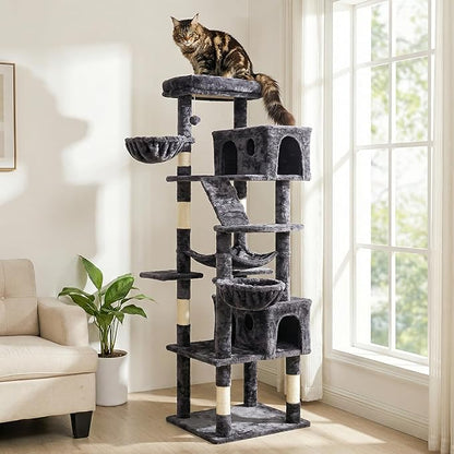 74" Heavy Duty Cat Tree for Indoor Cats, Sturdy Cat Tower for Large Cats Adult, Big Cat Tree with 6 Sisal Scratching Posts, 2 Big Condos, 2 Dual-Ear Hanging Baskets, Enlarged Top Perch, Dark Grey