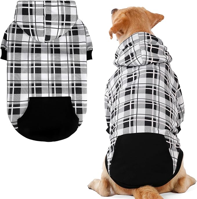 EXPAWLORER Plaid Dog Hoodie - British Style Warm Dog Sweater Shirt with Leash Hole,Pitbull Clothes Outfits,Winter Coat Apparel for All Breeds Puppy Girl Boy-Cat Apparel,Black & White X-Large