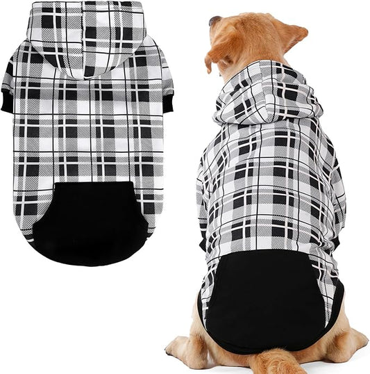 EXPAWLORER Plaid Dog Hoodie - British Style Warm Dog Sweater Shirt with Leash Hole,Pitbull Clothes Outfits,Winter Coat Apparel for All Breeds Puppy Girl Boy-Cat Apparel,Black & White X-Large