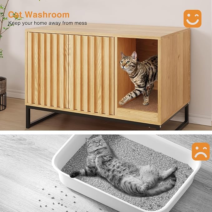 Halitaa Litter Box Enclosure, Modern Cat Litter Box Enclosure Furniture Hidden Litter Box with Scratch Pad, Cat Washroom House End Table, Entryway Bench for Livingroom (Natural)
