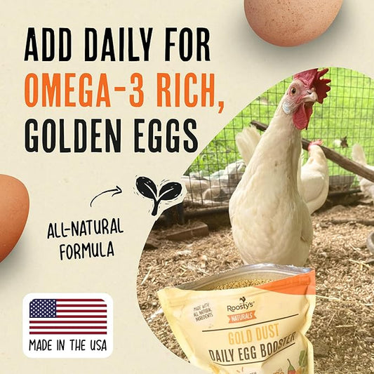 Roosty's Gold Dust Daily Egg Booster - Golden Yolks and Stronger Shells - All Natural Omega-3 Rich - US Made Chicken Supplement - Chicken Health Supplies