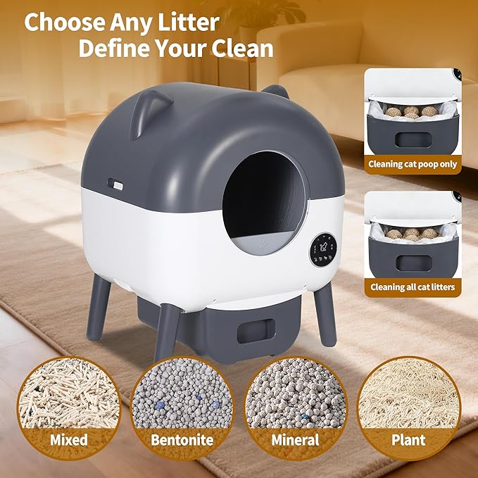 Self-Cleaning Cat Litter Box with Large Capacity and Automatic Cleaning, Smart Cat Litter Box with App Control, Automatic Litter Box Triple Safety Protection, 1 Rolls Garbage Bags, Dark Gray