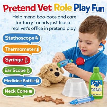 34-Piece Kids Pretend Vet Playset, Veterinarian Role Play Doctor Toy Kit with Plush Dog & Cat, Pet Care Grooming Set with Carrier & Medical Tools