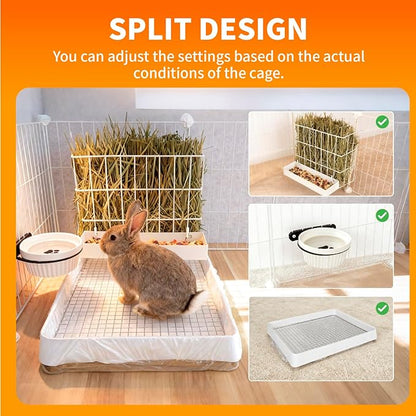 BESNEW 3 in 1 Rabbit Hay Feeder with Litter Box,Upgraded Metal Hay Rack & Litter Tray & Water Bowl,Quick Cleaning,Easy to Install,Bunny Supplies for Rabbit Guinea Pig Chinchilla Small Animals