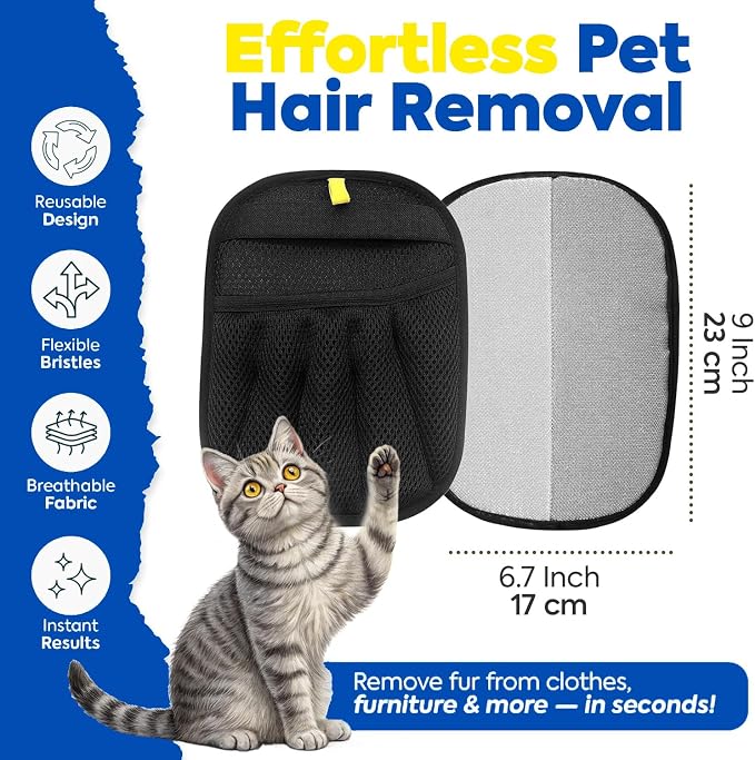 Reusable Pet Hair Removal Gloves - Electrostatic Fur & Lint Remover Set for Home & Car, Washable 5-Finger Magic Brush Pet Hair Remover Tool for Bedding, Clothing, Couch, Carpet (2-Pack)