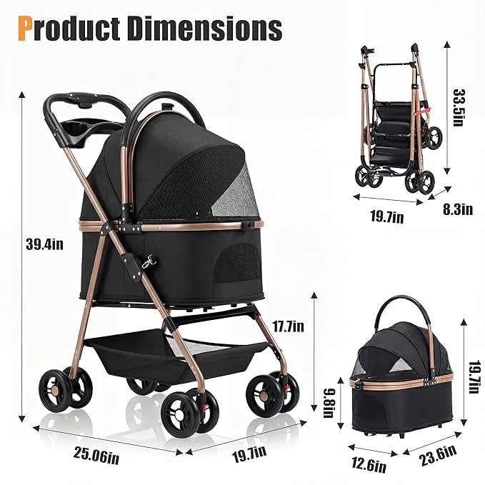 pet Stroller with Removable Carrier cat Dog Stroller with Aluminum Alloy Frame and 900D Oxford Fabric, Featuring one-Touch Folding,Includes rain Cover,for Travel, Walking,Shopping (Black)