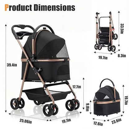 pet Stroller with Removable Carrier cat Dog Stroller with Aluminum Alloy Frame and 900D Oxford Fabric, Featuring one-Touch Folding,Includes rain Cover,for Travel, Walking,Shopping (Black)