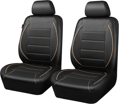 CAR PASS Universal FIT Piping Leather Two Front Seat Covers, Waterproof Faux Leather for SUV Sedan Van Truck, Airbag Compatible,Reserved Opening Holes for Headrest Covers. (Black and Beige)